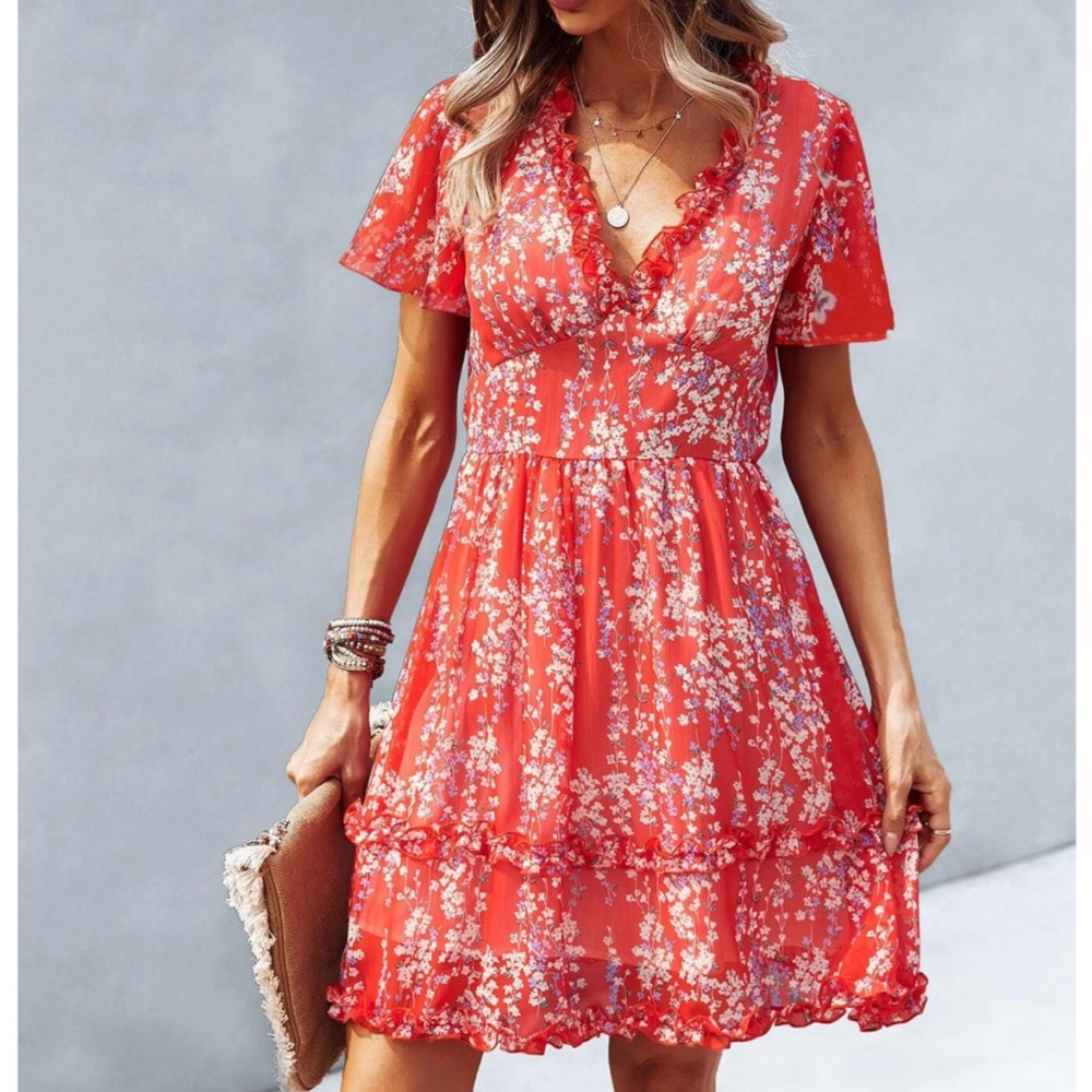 Floral Red Dress Summer V-Neck Short Mini
